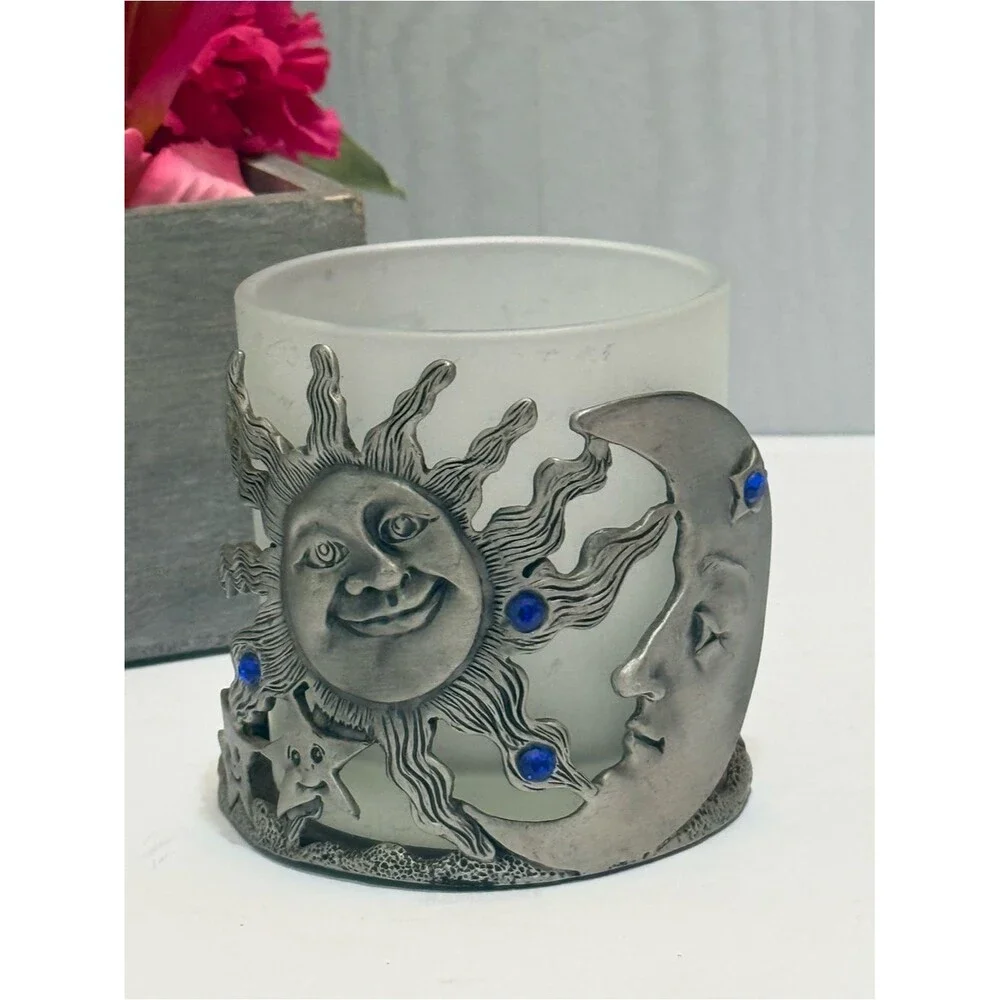 Vintage 90s Pewter Celestial Sun Moon Votive Candle Holder Blue Rhinestones